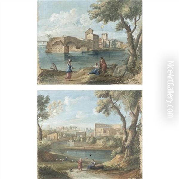 Veduta Di Roma Col Colosseoveduta Del Tevere (pair) Oil Painting by Giovanni Battista Busiri