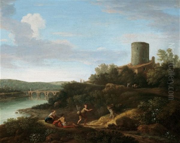 Paesaggio Con Il Tevere E Il Ponto Milvio (ponte Mollo) Oil Painting by Giovanni Battista Busiri