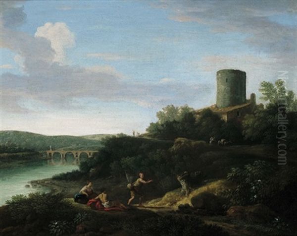 Paesaggio Con Il Tevere E Il Ponte Milvio Oil Painting by Giovanni Battista Busiri