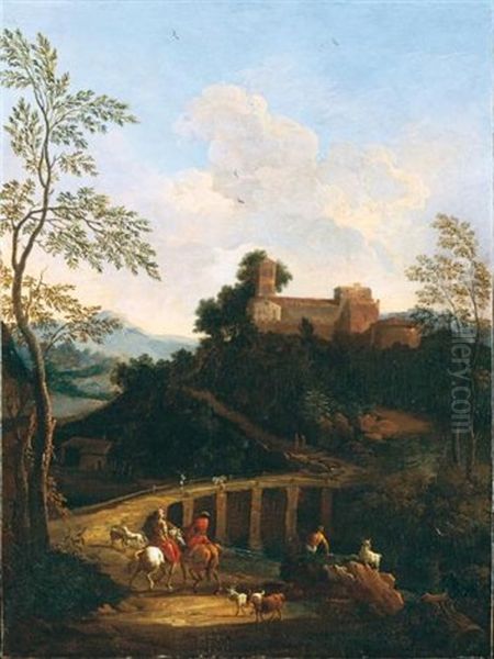 Paesaggio Romano Nei Pressi Di Un Fiume Con Ponte E Cavalieri Oil Painting by Giovanni Battista Busiri