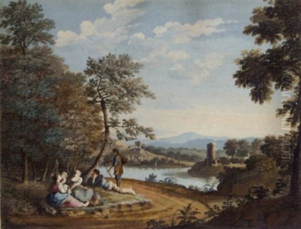 An Extensive River Landscape With A Peasant Family Resting By The Shore Oil Painting by Giovanni Battista Busiri