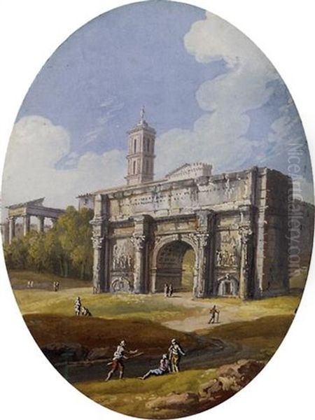 The Arch Of Septimius Severus With The Temple Of Saturn In The Roman Forum Oil Painting by Giovanni Battista Busiri