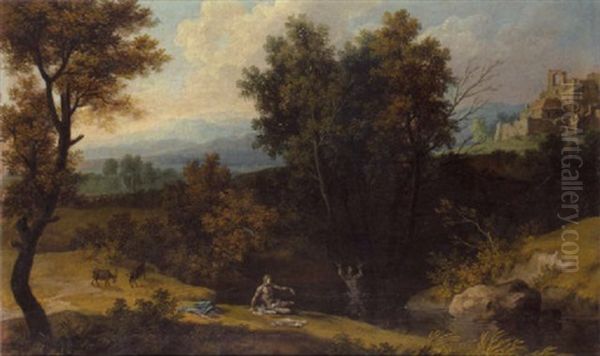 A Classical Wooded Landscape With Bathers Oil Painting by Giovanni Battista Busiri