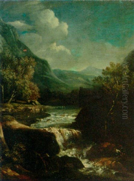 An Italianate Rocky River Landscape With Travellers On A Track Oil Painting by Giovanni Battista Busiri