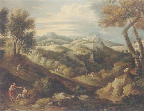 An Arcadian Wooded Landscape With Figures Resting By A Track, A Citadel In The Distance Oil Painting by Giovanni Battista Busiri