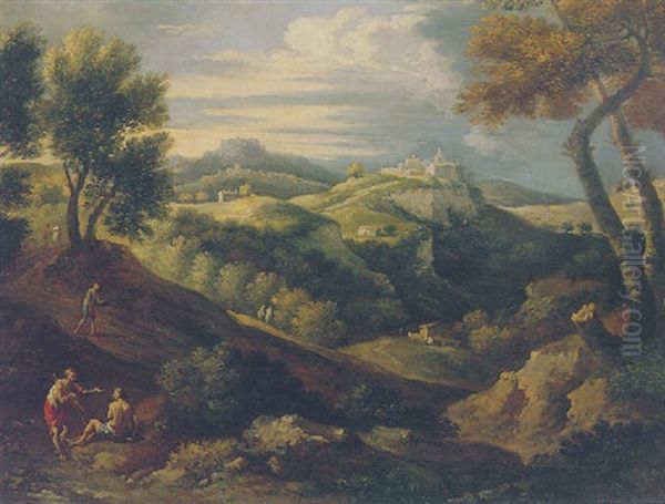 An Arcadian Wooded Landscape With Figures Resting By A Track, A Citadel In The Distance Oil Painting by Giovanni Battista Busiri