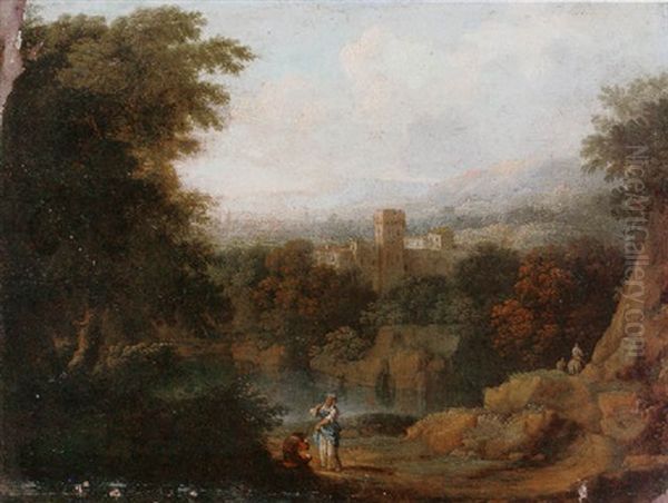 A Landscape With Figures Resting Before A Lake, A Town Beyond Oil Painting by Giovanni Battista Busiri