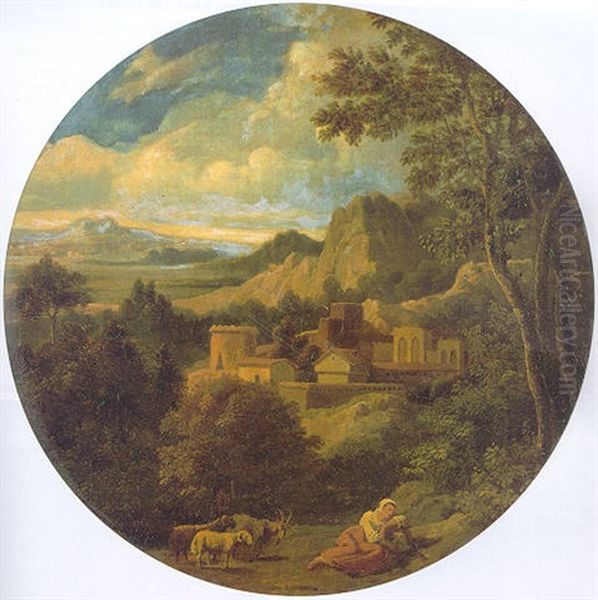 An Italianate Landscape With A Shepherdess Resting Beside Her Goat And Sheep In The Foreground Oil Painting by Giovanni Battista Busiri