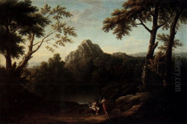 A Classical Landscape In The Roman Campagna With Figures Sitting By A Pool Oil Painting by Giovanni Battista Busiri