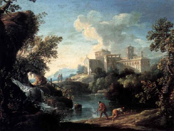 Italianate River Landscape With Fishermen And Other Figures Beyond by Giovanni Battista Busiri