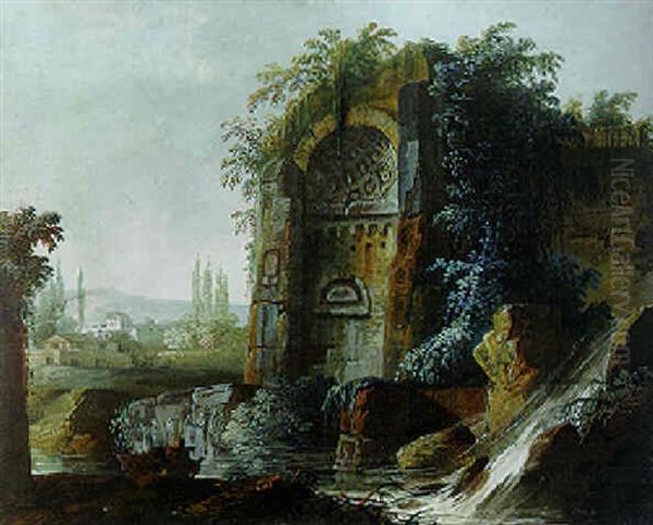 A Capriccio With The Temple Of Venus And Rome In A River Landscape With A Waterfall, A Village Beyond Oil Painting by Giovanni Battista Busiri