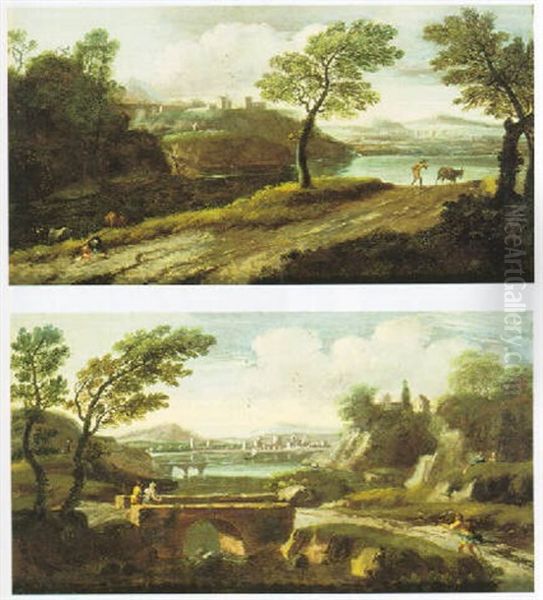 An Italianate River Landscape With A Man Driving A Donkey Down A Track Oil Painting by Giovanni Battista Busiri