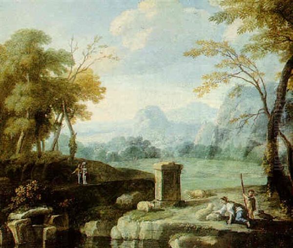 Classical Landscape With A Shepherdess And Her Flock By A Pool And Other Women Beyond Oil Painting by Giovanni Battista Busiri