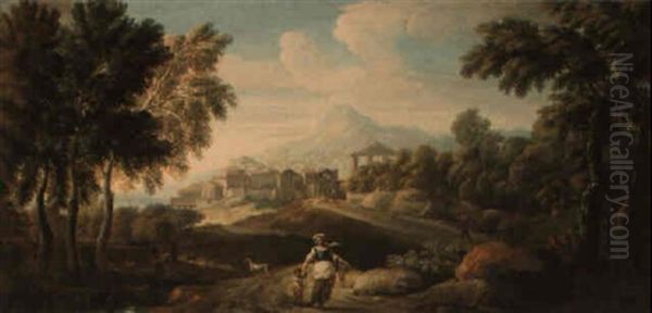 Italianate Landscape With Figures Oil Painting by Giovanni Battista Busiri