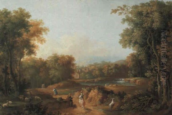 Wooded Landscapes With Shepherds, Travellers And Washerwomen Oil Painting by Giovanni Battista Busiri