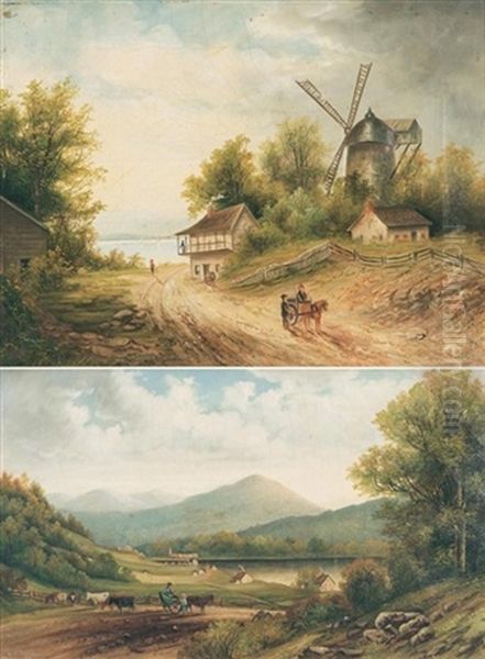 The Old Stone Windmill On Lake Saint Louis, Lachine (+ Paysage, District Of Lake Champlain, 1850, Lrgr; 2 Works) Oil Painting by John Henry van Buskirk