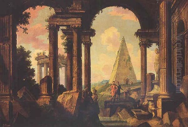 Roman Ruins With Figures, The Pyramid Of Cestius In The Background Oil Painting by Peter Nikolaus Buson