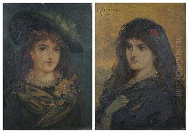 Portrait D'une Jeune Femme (+ Another; Pair) Oil Painting by Joseph Emmanuel van den Bussche