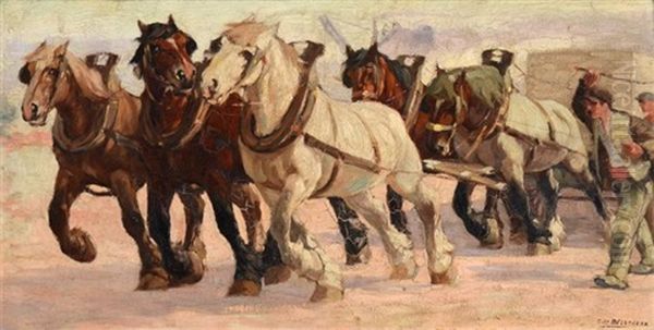 Work Horses Oil Painting by Constant (Eugene) de Busschere