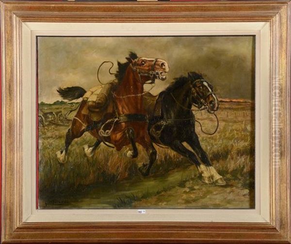 Chevaux D'artillerie Paniques Durant La Guerre Oil Painting by Constant (Eugene) de Busschere