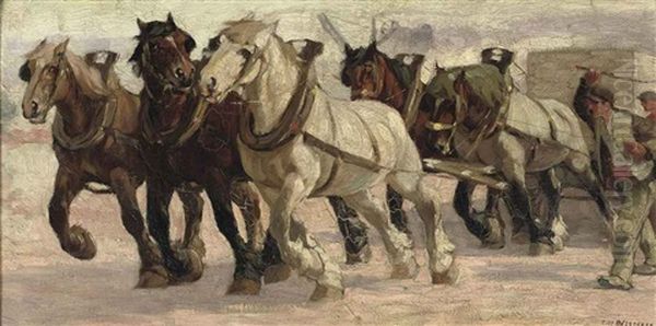 Work Horses Oil Painting by Constant (Eugene) de Busschere