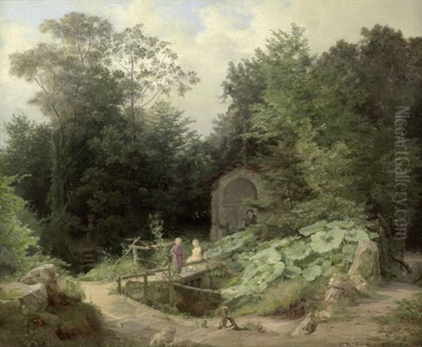 Parklandschaft Mit Kindern An Einem Bach Oil Painting by Georg Heinrich Busse