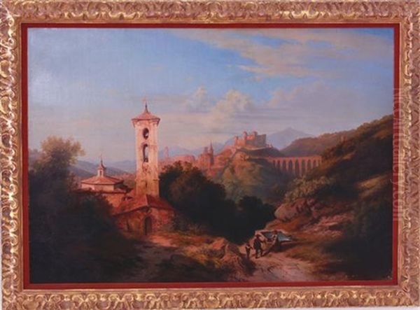 View Of Spoleto, A View Of La Rocca Castle, St. Mary's Cathedral And Ponte Delle Torri Canal Oil Painting by Georg Heinrich Busse