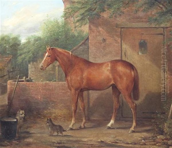 Portrait Of A Chestnut Horse Outside A Stable With Two Terriers Oil Painting by Reuben Bussey