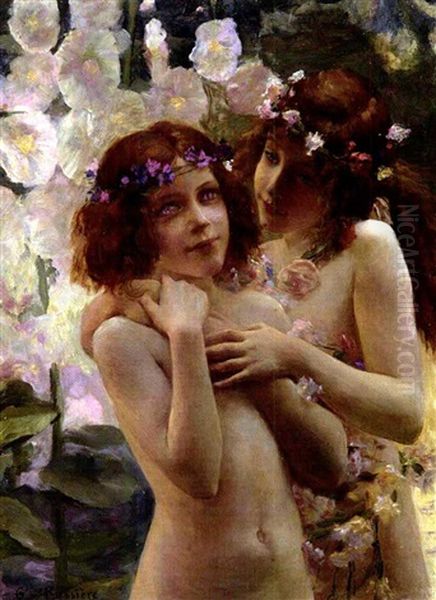 Deux Enfants Aux Couronnes De Fleurs Oil Painting by Gaston Bussiere