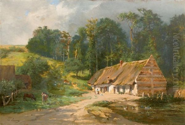 Ferme Animee Pres D'une Mare Oil Painting by Charles Busson