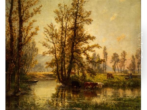 Landschaft Mit Jungen Baumen An Einem Bachlauf Oil Painting by Charles Busson