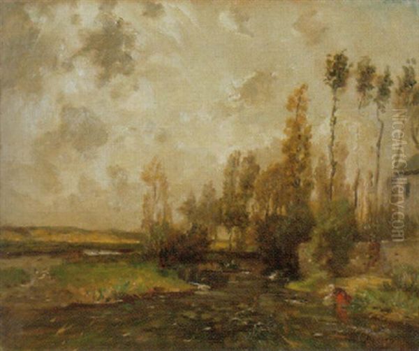 Flusslandschaft Mit Wascherin Oil Painting by Charles Busson