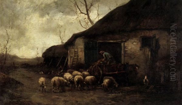 A Farmyard Scene With A Figure In A Haycart And A Flock Of Sheep Outside A Barn by Charles Busson