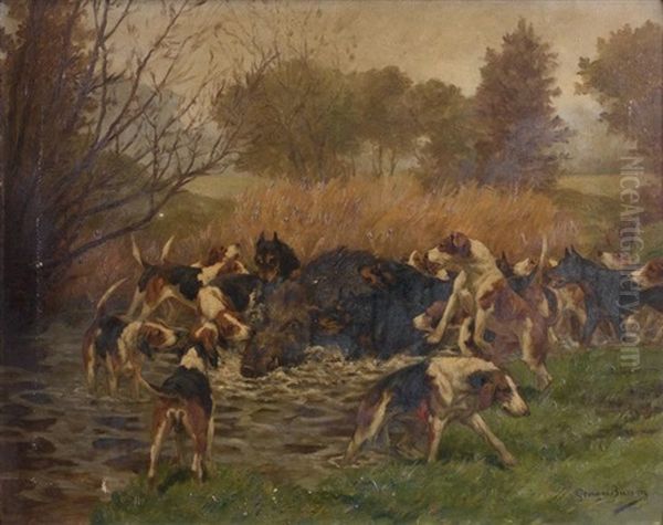 Chiens Et Sanglier Oil Painting by Georges Louis Charles Busson