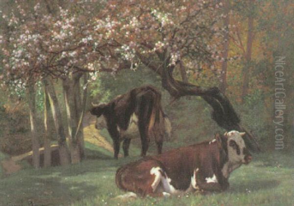 Zwei Gescheckte Kuhe Unter Bluhenden Obstbaum Oil Painting by Georges Louis Charles Busson