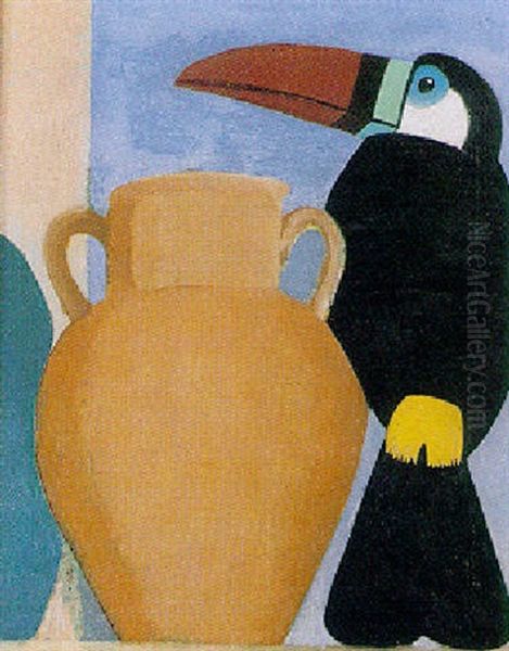 Toucan With Earthenware Jug Oil Painting by Simon Albert Bussy