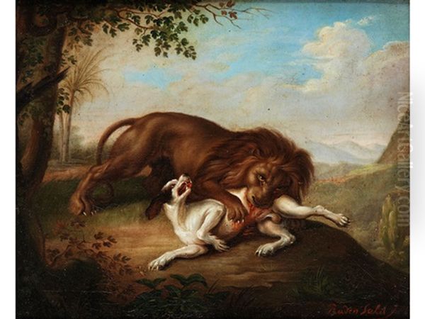 Lowe Reisst Einen Weissen Jagdhund Oil Painting by Raden Saleh Sarief Bustaman