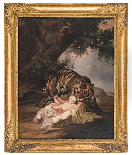 Ein Tiger Entdeckt Ein Baby In Einem Korb Oil Painting by Raden Saleh Sarief Bustaman