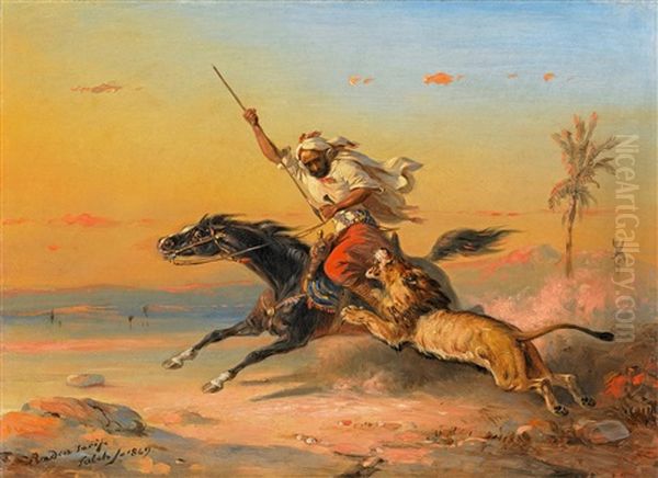 Araber Zu Pferd Von Einem Lowen Angegriffen Oil Painting by Raden Saleh Sarief Bustaman