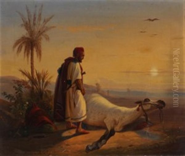 Abendstimmung Uber Araber Und Seinem Pferd Oil Painting by Raden Saleh Sarief Bustaman