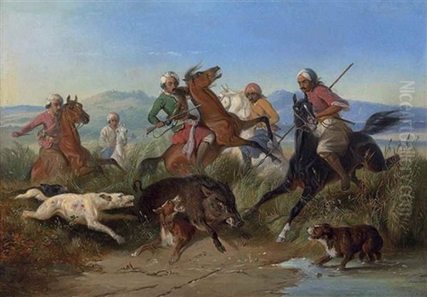 A Boar Hunt In Java Oil Painting by Raden Saleh Sarief Bustaman