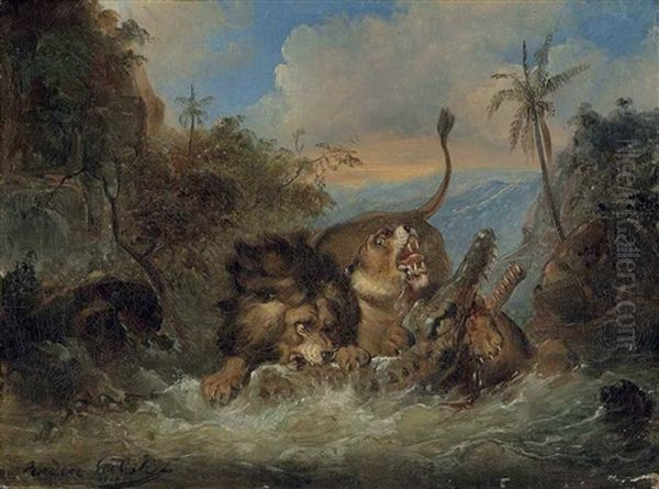 A Lion And Lioness Attacking A Crocodile Oil Painting by Raden Saleh Sarief Bustaman