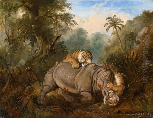 Kampf Zwischen Einem Javanesischen Rhinozeros Und Zwei Tigern Oil Painting by Raden Saleh Sarief Bustaman