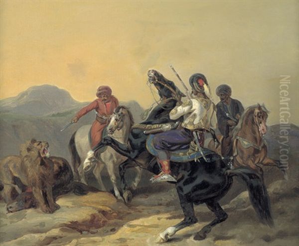 Orientalen Bei Der Lowenjagd Oil Painting by Raden Saleh Sarief Bustaman