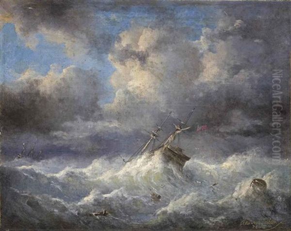 British Marine Vessel In Heavy Weather Oil Painting by Raden Saleh Sarief Bustaman