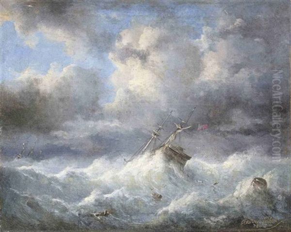 British Marine Vessel In Heavy Weather Oil Painting by Raden Saleh Sarief Bustaman