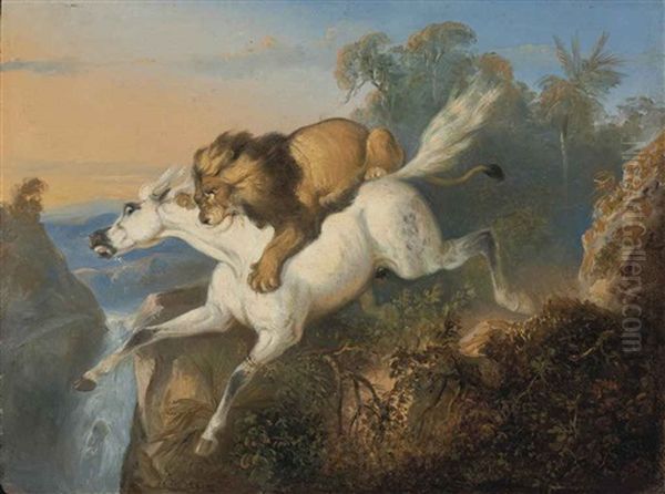 Lion Attacking A Horse Oil Painting by Raden Saleh Sarief Bustaman