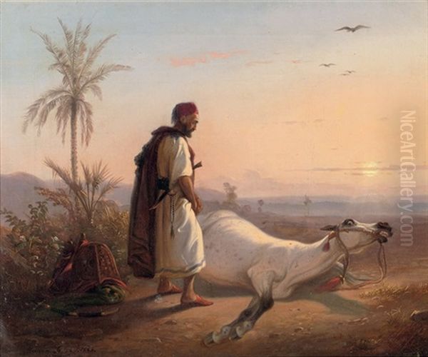 An Arabic Horseman And His Horse In The Desert Oil Painting by Raden Saleh Sarief Bustaman