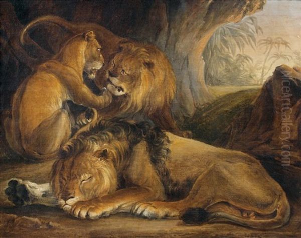 Lions Et Lionne Dans Une Grotte Oil Painting by Raden Saleh Sarief Bustaman