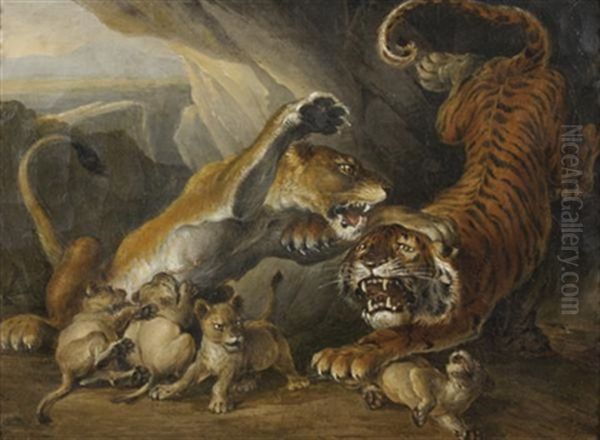 Lionne Protegeant Ses Lionceaux D'un Tigre Oil Painting by Raden Saleh Sarief Bustaman